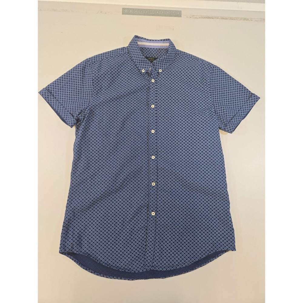 Zara Man‎ Slim Fit Short Sleeve Button Down Shirt Navy Blue Floral Print Size L